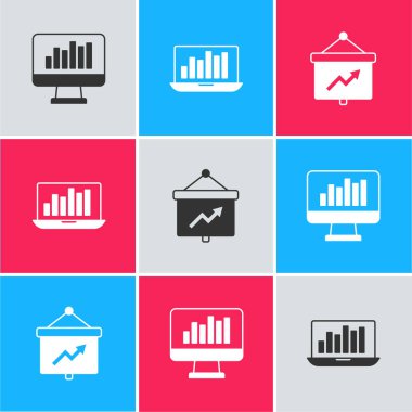 Grafik grafiği dizüstü bilgisayarı ve tahta simgesi ile monitörü ayarla. Vektör.