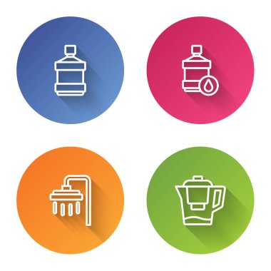 Büyük şişe temiz su, duş ve su filtresi ayarlayın. Renkli daire düğmesi. Vektör.