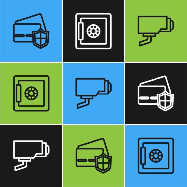 Kredi kartını kalkan, güvenlik kamerası ve kasa simgesiyle ayarla. Vektör.