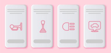 Sinyal kornasını araca, vites koluna, yüksek ışın ve araba servisine ayarlayın. Beyaz dikdörtgen düğme. Vektör.