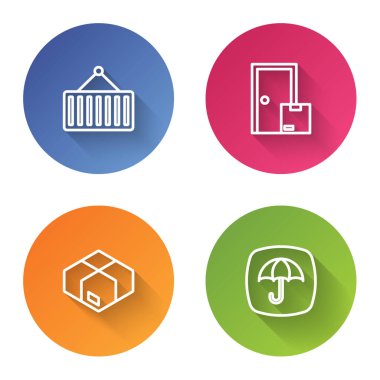 Hat konteynırını vinç ev teslimat hizmetlerine, karton kutuya ve şemsiyeli teslimat paketine ayarlayın. Renkli daire düğmesi. Vektör.