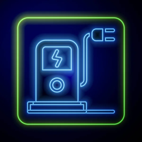 Gloeiende Neon Elektrische Auto Oplaadstation Pictogram Geïsoleerd Blauwe Achtergrond Eco — Stockvector