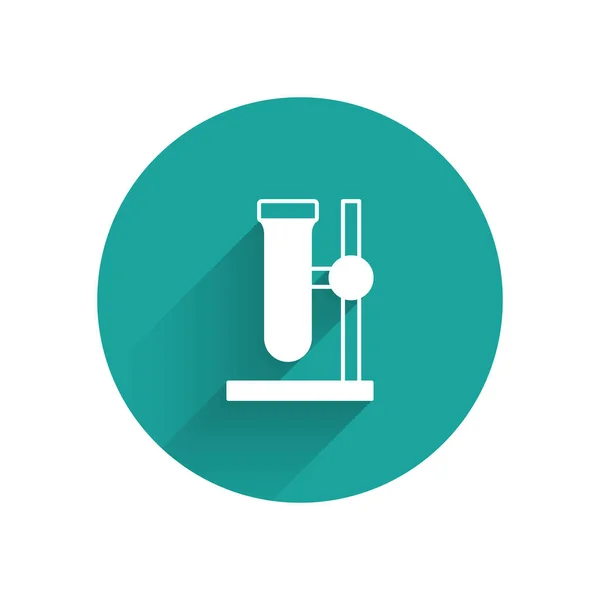 白色玻璃管试瓶上的站立图标隔离长阴影背景 实验室设备 绿色圆环按钮 — 图库矢量图片