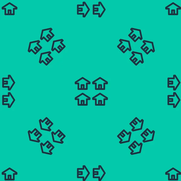 Blaue Linie Haus Symbol Isoliert Nahtlose Muster Auf Grünem Hintergrund — Stockvektor