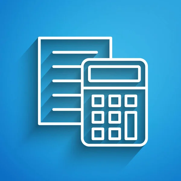 White Line Calculator Icon Isolated Blue Background Accounting Symbol Business — Stock Vector