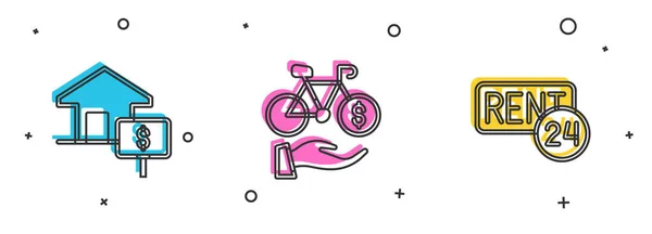Set Casa Con Dollaro Noleggio Biciclette App Mobile Icona Rent — Vettoriale Stock