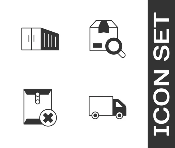 Set Levering Vrachtwagen Container Verwijder Enveloppe Zoek Pakket Pictogram Vector — Stockvector