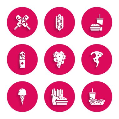 Sandviç Burger patates kızartmasını karton paket kağıt bardağa koy yanında da saman sosisli, dondurmalı waffle külahlı Doner kebap burger ve ikon. Vektör.