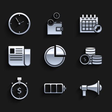 Pasta grafiği bilgisel pil yükleme seviyesi göstergesi dolar sembollü para dosya takvimi ve saat simgesidir. Vektör.