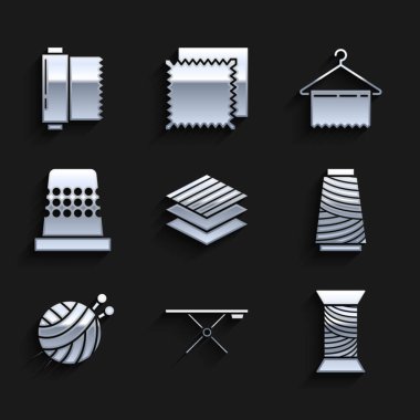 Tekstil kumaş rulo ütü tahtası dikiş ipliği dikiş ipliği ipliği topunu örgü iğneleriyle örgü askısı gardırobu ve ikonu dikmek için Thimble ile ayarla. Vektör.