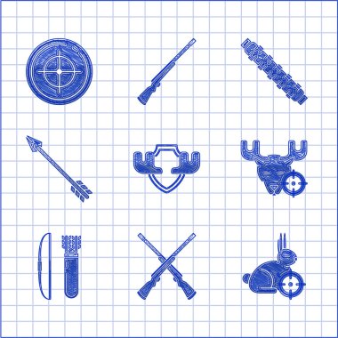 Geyik Avı tavşanına boynuzlarını, geyik yayı ve oku ok kılıfına, Hippi Avcılığı kartuşlarına ve yarışma ikonunu vurmak için hedef sporuna takın. Vektör.