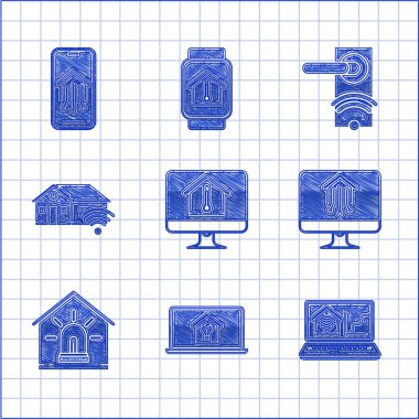 Bilgisayar monitörünü ev sıcaklığında dizüstü bilgisayar akıllı ve ampulü ev yapımı kablosuz telefon ve kablosuz telefon ikonu için akıllı alarm dijital kapı kilidi ile ayarla. Vektör.