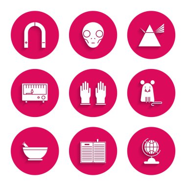 Lastik Eldivenleri Yerküre bilim kitabı Fare Havan 'ı aç ve elektrikli ölçüm aletleri ışık ışınları prizması ve mıknatıs simgesini fırlat. Vektör.