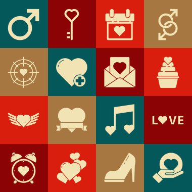 Heart on hand love text Calendar in the heart in the center of dart goal Male cinsiyet sembolü ve Envelope simgesi. Vektör.