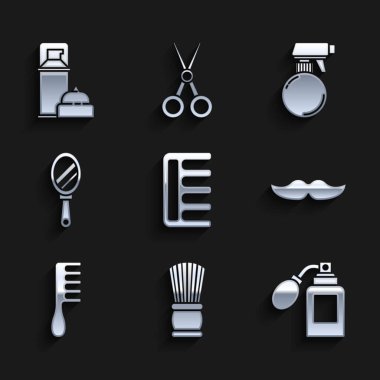 Saç fırçası tıraş losyonu şişesini atomaltıcı Bıyık El aynası kuaför tabancası spreyi ve jöle köpük ikonu ile ayarla. Vektör.