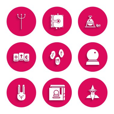 Sihirli mührü, kulaklı Büyücü Büyücü Tavşan 'ı, üç tarot kartı cadı kazanı ve taşı ve Neptune Trident ikonunu ayarla. Vektör.