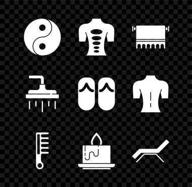 Yin Yang Masaj Taşı Terapisi Havlu Fırçası Aroma Mum Güneş Şemsiyesi Duş başlığı ve Parmak arası terlik ikonu. Vektör.