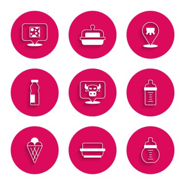 İnek kafası tereyağına bulanmış bebek sütü şişesi dondurmalı waffle külahı yoğurt, Udder ve Peynir ikonu. Vektör.