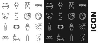 Tavuk bacağı siparişi veren patates kızartması sipariş eden bir paket soda kutusu bir şişe patlamış mısır kasesi ve ikon. Vektör.