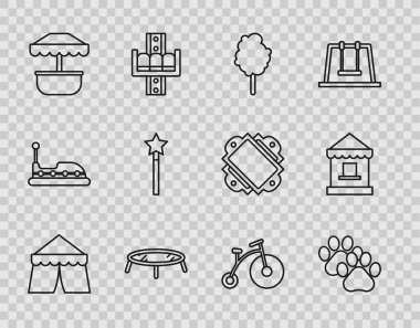 Sirk çadırı Paw baskı pamuk şeker trambolin atlama atlıkarınca büyülü vintage bisiklet bir büyük tekerlek bir küçük bilet gişesi ikonu. Vektör.