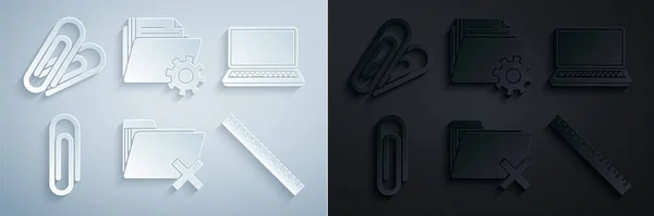Delete Folder Laptop Paper Clip Ruler Folder Set Gears Icon — 스톡 벡터