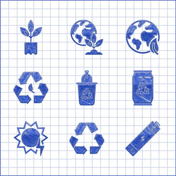 Zestaw Kosz Śmieci Symbolem Recyklingu Bateria Może Może Panelu Energii — Wektor stockowy