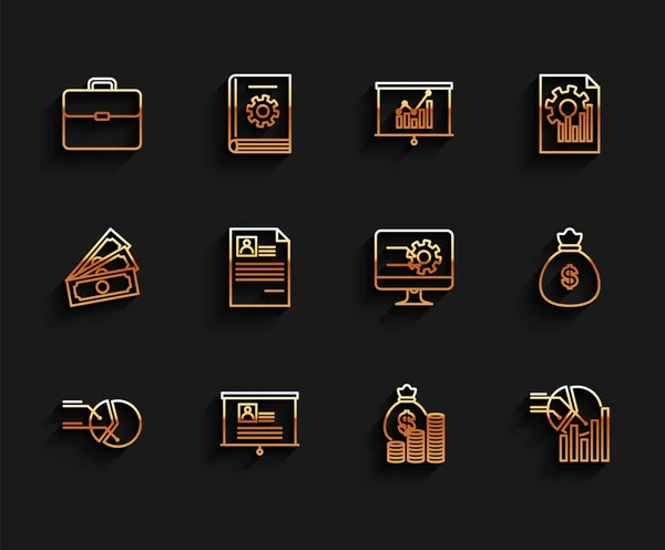 Stel Lijn Taartdiagram Infographic Board Met Briefcase Geld Zak Munt — Stockvector