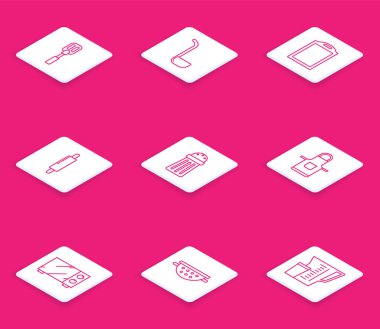 Spatula Kitchen kepçe kesme tahtası Rolling Pin Mikrodalga fırın ve süzgeç ikonu. Vektör.