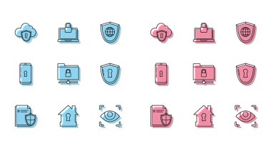 Satır Doküman Koruma Evi 'ni Bulut' un altına, FTP klasör klasörü kalkanını da akıllı telefon ve dizüstü bilgisayar simgesiyle kilitle. Vektör.