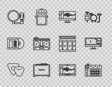 Gitar seçimi davul sesi ya da ses kaydediciyi müzik dizüstü bilgisayarı ve video düzenleyici yazılım ikonu çalmak ve karıştırmak için mikrofon DJ kumandasına ayarlayın. Vektör.