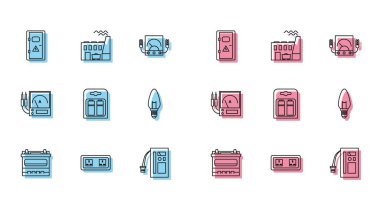 Araba aküsünün elektrik prizini ayarlayın. Ampere Ampere metre multimetre voltmetre ve kömür santrali ve fabrika ikonu. Vektör.