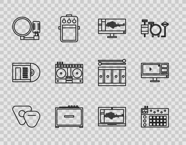 设置线吉他选择鼓机监控器扩音器麦克风Dj遥控器上的声音或音频录音机 用于播放和混合音乐笔记本电脑和视频编辑器软件图标 — 图库矢量图片