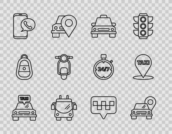 Set Line Taxi Auto Plattegrond Pointer Met Taxi Trolleybus Oproep — Stockvector