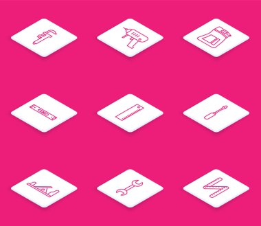 Calliper ya da caliper hattını ayarlayın ve elektrikli matkap çimento torba yapı balonlu tornavida düzeyi cetvel tahta uçak aracı ve anahtarlı anahtar simgesini ölçeklendirin. Vektör.