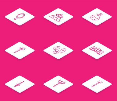 Sihirli el aynası, Mason şişesi, aşk iksiri mührü, üç tarot kartı, üç hançer ve Neptune mızrak ikonu. Vektör.