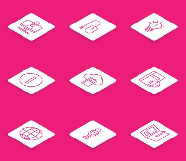 Online görüntülü sohbet konferansı bilgisayar faresi ampulünü fikir konsepti Bilgi Bulutu çevrimiçi kütüphane ses kitabı sosyal ağı ve mikrofon simgesi ile ayarla. Vektör.