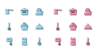 Elektrikli Karıştırıcı Kahve Türkü Pizza Bıçağı tepside Spatula ve Yavaş Pişirme ikonu ile kaplanmış. Vektör.