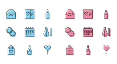 Kalple dolu alışveriş torbası şampanya şişesi, takvim keman alyansı ve kartpostal ikonunun sevgililer günü balonu formu. Vektör.