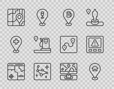 Alkol ya da bira barı konumu ile şehir haritası konumu çizgisi Infographic ayarlayın Büyük Ayı takımyıldızı Şehri navigasyon ve benzin istasyonu işaretleyici ve GPS hata ayar simgesi. Vektör.