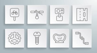 Hat ayarlayın bisiklet sproket kolu gidonu metal vida delinmiş lastik pedalları Action kamera şeridi ve park simgesi. Vektör.