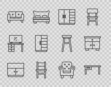 Gardırop Ofisi Masası Koltuğu Koltuğu ve Mobilya Komodininin simgesini ayarla. Vektör.