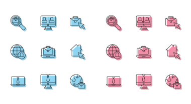 Çevrimiçi olarak çalışan Freelancer ve simgesi ile görüntülü sohbet konferansı büyüteçlerini ayarlayın. Vektör.