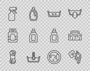 İplik, Elektrik Demir Sıcaklığı Yıkama, Temizlik Ajanı Yıkama ve Fırça ikonu için su püskürtme şişesi ayarlayın. Vektör.
