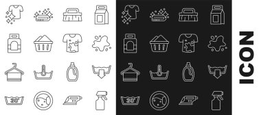 Hattı ayarla. Su spreyi yıkama modları sabun köpüğü, çamaşır deterjanı ve kirli tişört ikonu ile temizlik için fırça dök. Vektör.