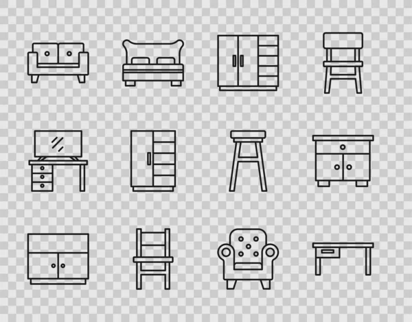 Set Line Skříň Kancelářský Stůl Židle Pohovka Křeslo Nábytek Noční — Stockový vektor