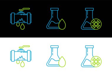 Antifriz test tüpü kırık metal boru ve sızıntı yapan su ve petrol ikonuyla ayarlayın. Vektör.