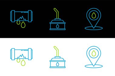 Yakıt depolama hattını doldur. Kırık metal boru, sızdıran su ve motor yağı ikonu için teneke kutu. Vektör.