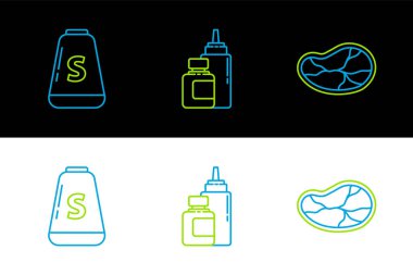 Biftek, tuz ve sos şişesi ikonu. Vektör.