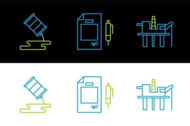 Deniz kenarındaki petrol platformuna varil yağı sızıntısı ve kontrat parası ve kalem ikonu koyun. Vektör.