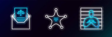 Şüpheli suçlu celbi ve Hexagram şerifi ikonu. Parlayan neon. Vektör.